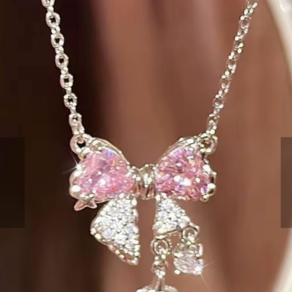 Hand Crafted Pink and Silver Bow Necklace